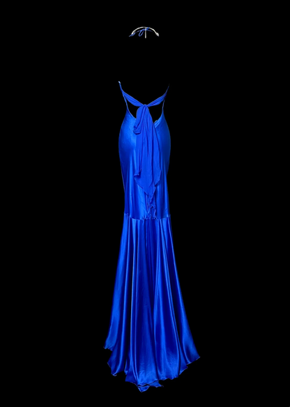 V Neck Royal Blue Satin Prom Dress Formal Evening Dress  P78