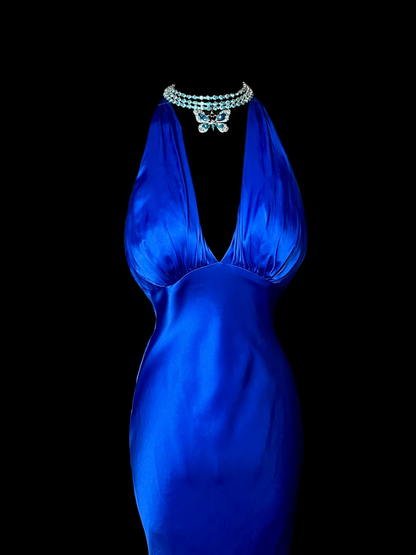 V Neck Royal Blue Satin Prom Dress Formal Evening Dress  P78