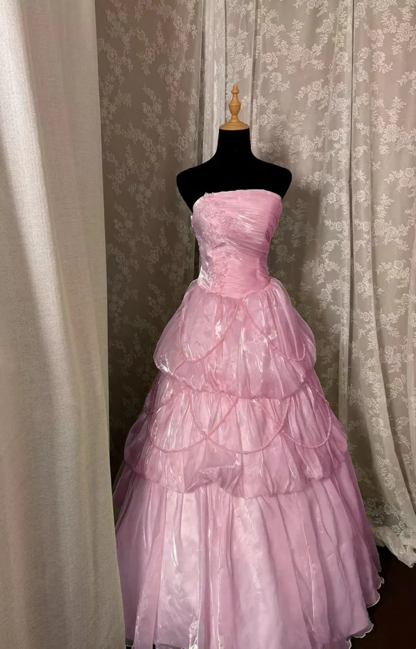 Strapless Yellow Organza Prom Dress A Line Birthday Gown  P827
