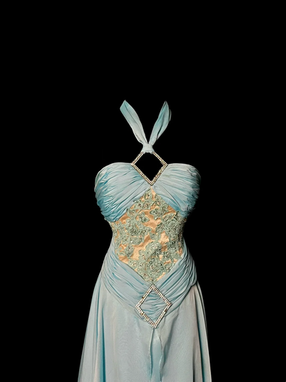 Halter Blue Chiffon Prom Dress Applique Ruffle Formal Dress  P84