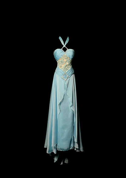Halter Blue Chiffon Prom Dress Applique Ruffle Formal Dress  P84