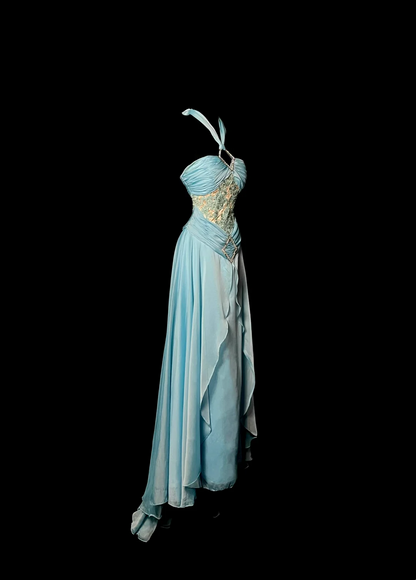 Halter Blue Chiffon Prom Dress Applique Ruffle Formal Dress  P84