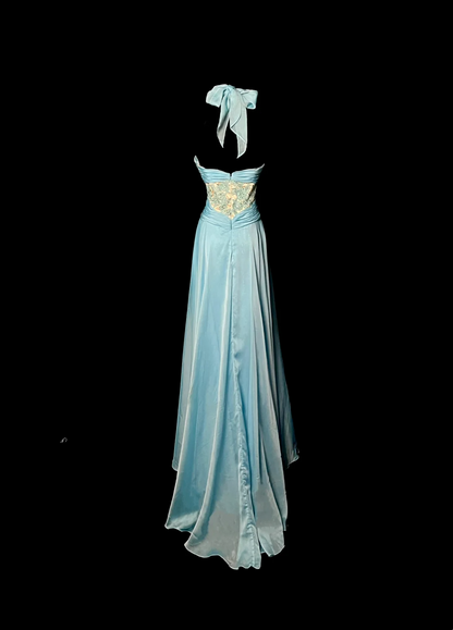 Halter Blue Chiffon Prom Dress Applique Ruffle Formal Dress  P84