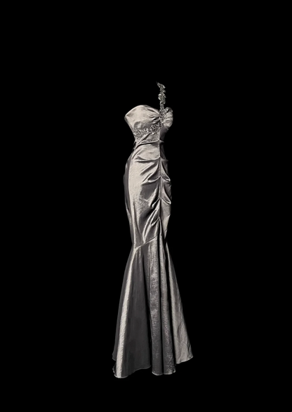 One Shoulder Gray Mermaid Prom Dress Applique Strap Evening Dress  P85