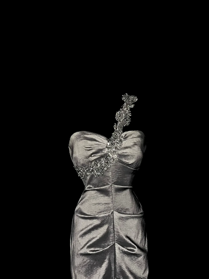 One Shoulder Gray Mermaid Prom Dress Applique Strap Evening Dress  P85