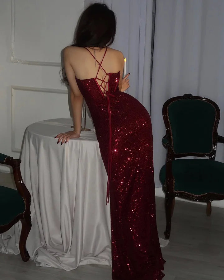 Spaghetti Straps Burgundy Sequins Mermaid Prom Dresses Long Evening Gown P879
