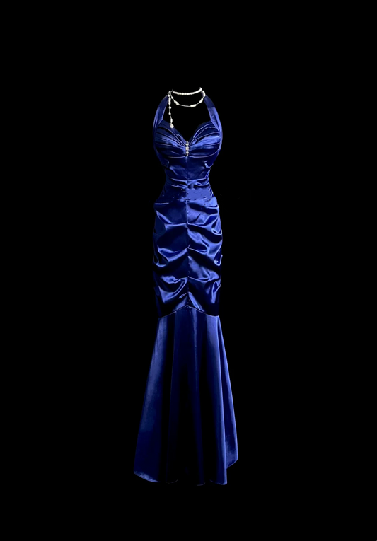 Halter Sheath Satin Prom Dress Royal Blue Evening Dress Party Dress  P91