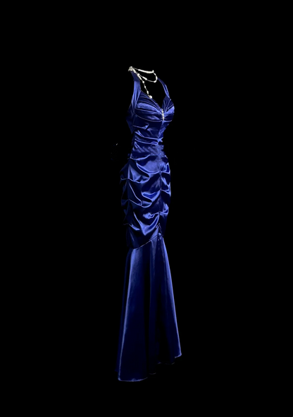 Halter Sheath Satin Prom Dress Royal Blue Evening Dress Party Dress  P91