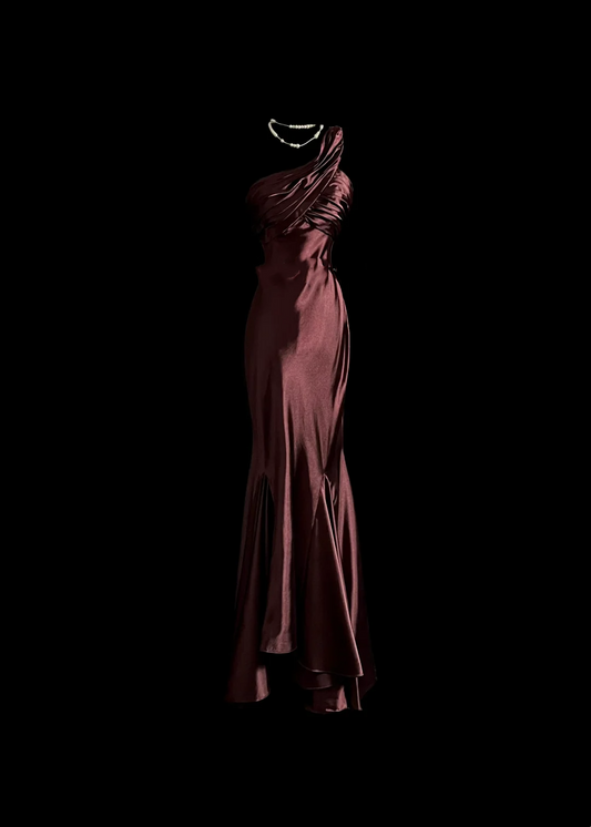 One Shoulder Burgundy Satin Prom Dress Evening Dress Party Dress  P92