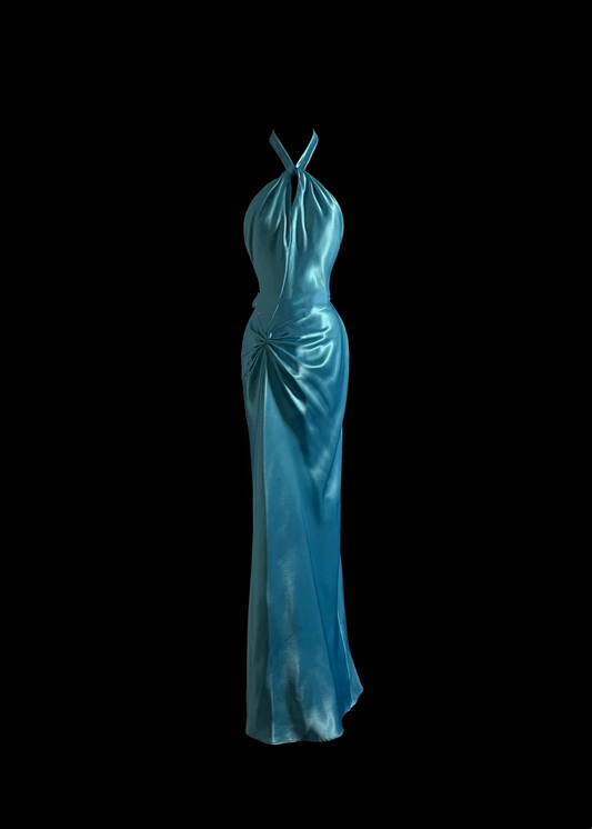 Halter Blue Sheath Satin Prom Dress Evening Dress Party Dress  P93