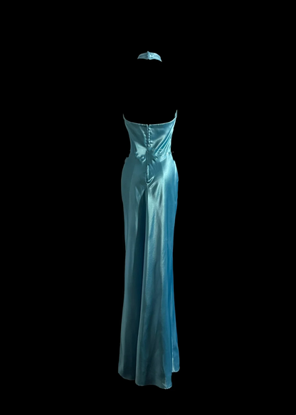 Halter Blue Sheath Satin Prom Dress Evening Dress Party Dress  P93