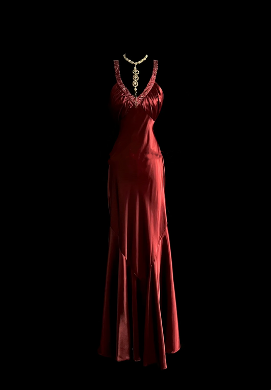 Beaded V Neck Satin Prom Dress Evening Dress Party Dress  P94