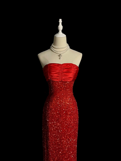 Strapless Red Sequin Prom Dress Sheath Sparkling Evening Dress  P96