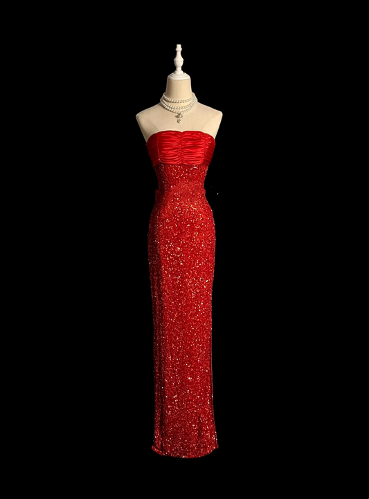 Strapless Red Sequin Prom Dress Sheath Sparkling Evening Dress  P96