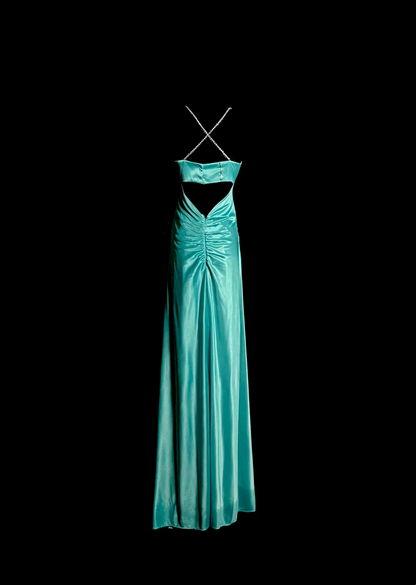 V Neck Blue Satin Prom Dress Sheath Beaded Evening Dress  P97