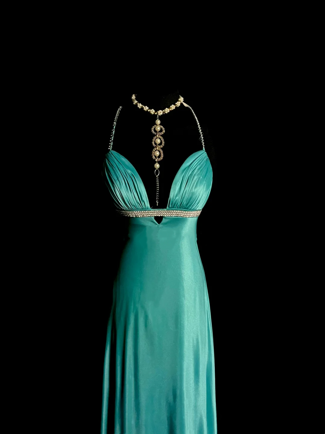 V Neck Blue Satin Prom Dress Sheath Beaded Evening Dress  P97