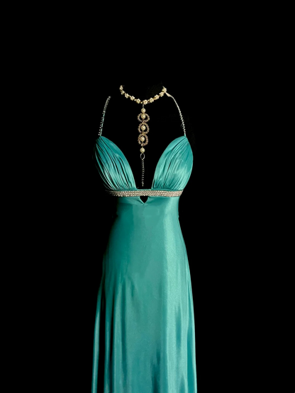 V Neck Blue Satin Prom Dress Sheath Beaded Evening Dress  P97