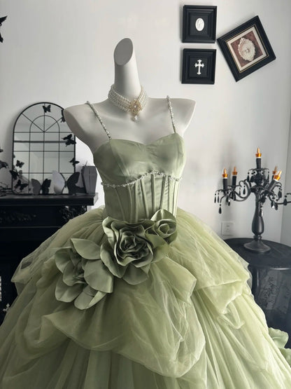 Pearl Straps Green Tulle Formal Prom Dress A Line Birthday Gown  P2655