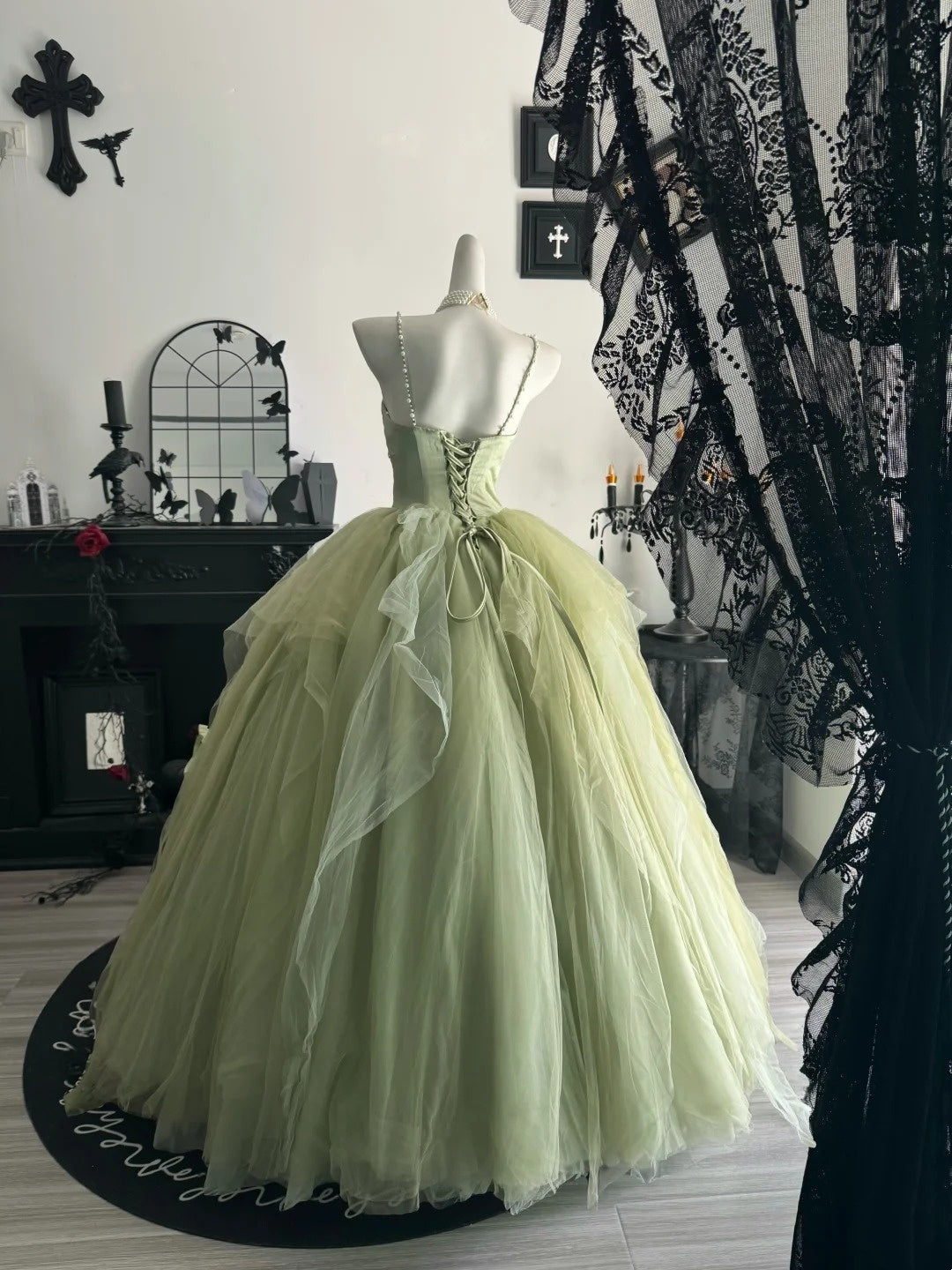 Pearl Straps Green Tulle Formal Prom Dress A Line Birthday Gown  P2655