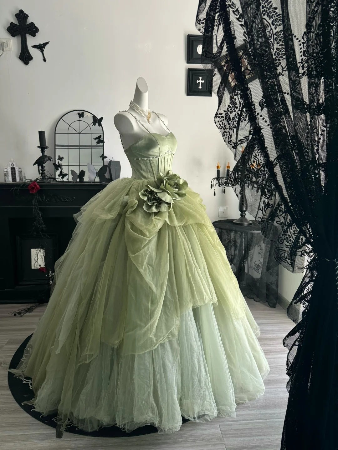 Pearl Straps Green Tulle Formal Prom Dress A Line Birthday Gown  P2655