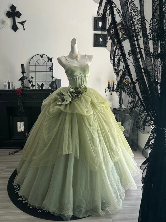 Pearl Straps Green Tulle Formal Prom Dress A Line Birthday Gown  P2655