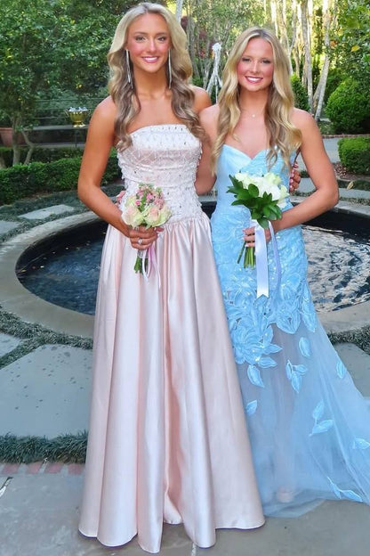 Pink A-Line Strapless Beaded Empire-Waist Pleated Prom Dress  P2562