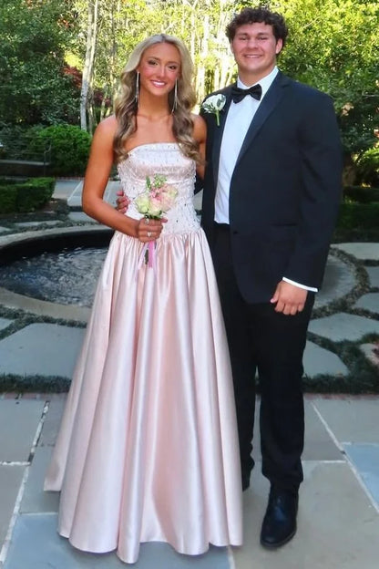 Pink A-Line Strapless Beaded Empire-Waist Pleated Prom Dress  P2562