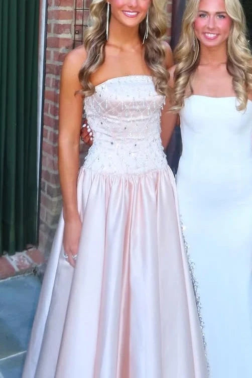 Pink A-Line Strapless Beaded Empire-Waist Pleated Prom Dress  P2562