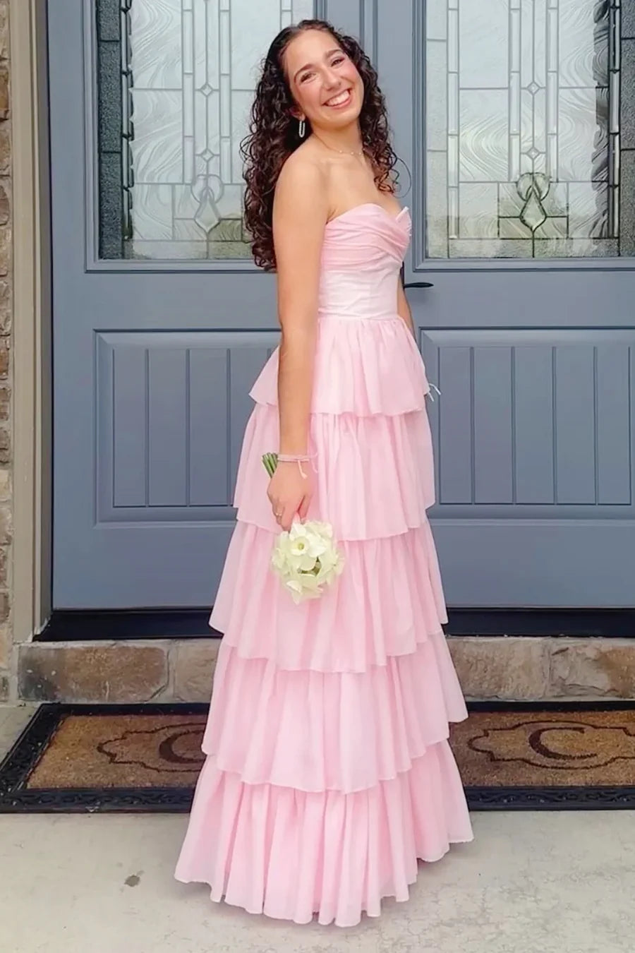 Pink A-Line Strapless Tiered Maxi Formal Layered Prom Dress  P1018