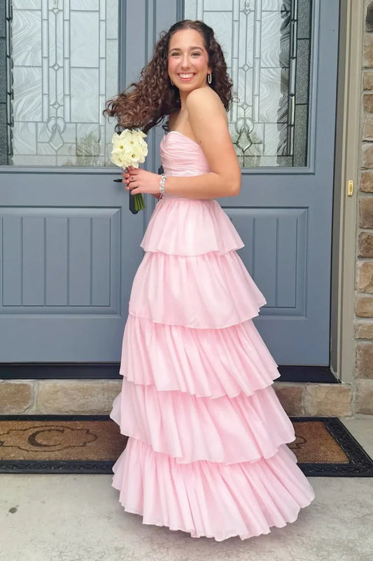Pink A-Line Strapless Tiered Maxi Formal Layered Prom Dress  P1018