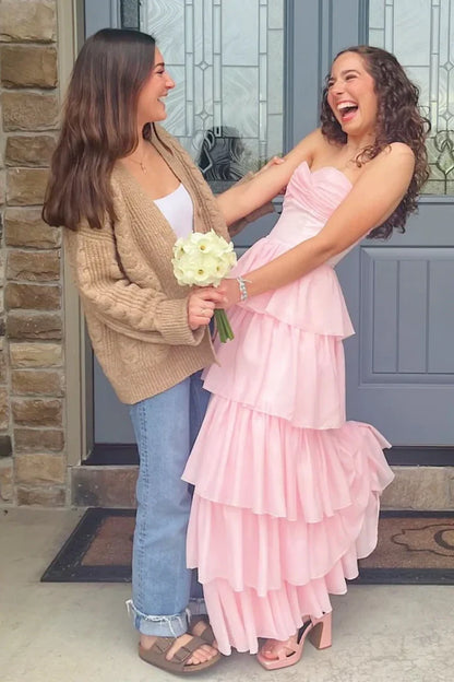Pink A-Line Strapless Tiered Maxi Formal Layered Prom Dress  P1018