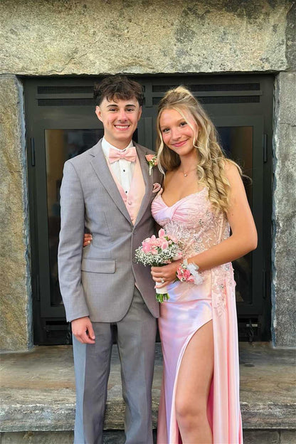 Pink Appliques Long Formal Prom Dress With Side Train  P2465