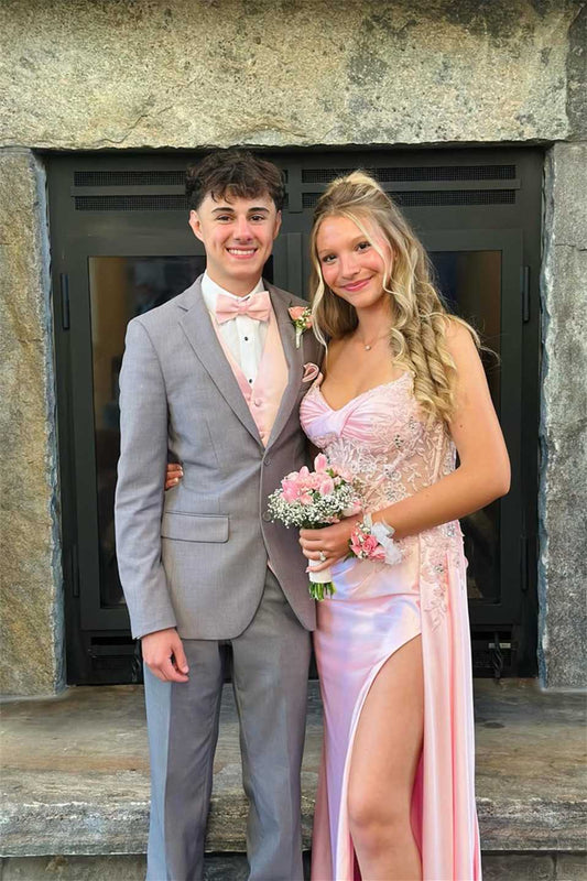 Pink Appliques Long Formal Prom Dress With Side Train  P2465