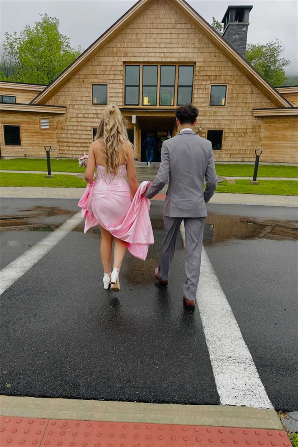 Pink Appliques Long Formal Prom Dress With Side Train  P2465