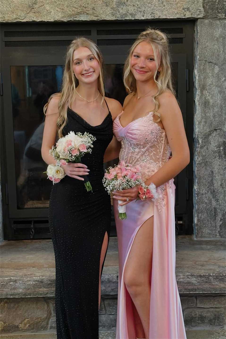 Pink Appliques Long Formal Prom Dress With Side Train  P2465