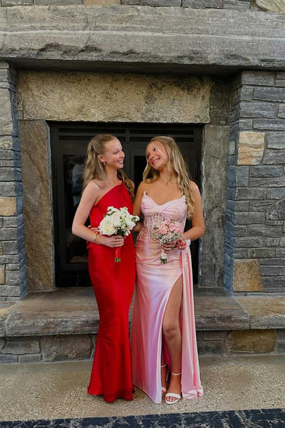 Pink Appliques Long Formal Prom Dress With Side Train  P2465