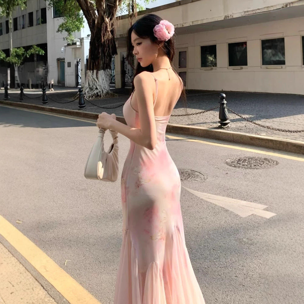 Pink Floral Chiffon Mermaid Dress for Summer  L72