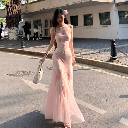 Pink Floral Chiffon Mermaid Dress for Summer  L72