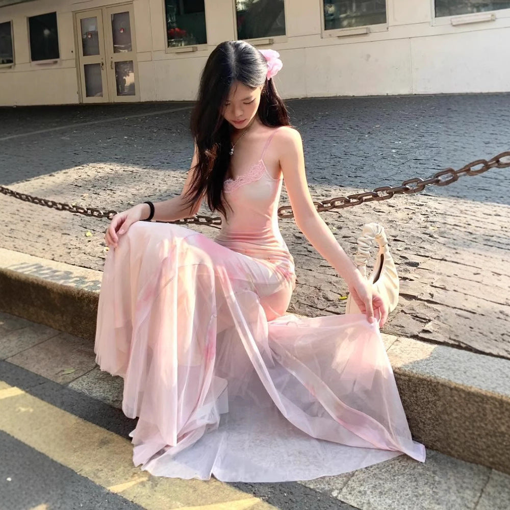 Pink Floral Chiffon Mermaid Dress for Summer  L72