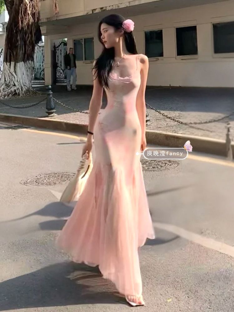 Pink Floral Chiffon Mermaid Dress for Summer  L72
