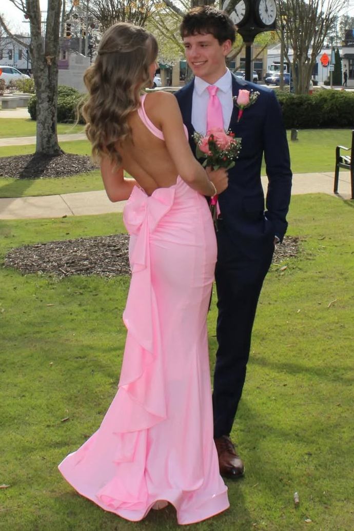 Pink Halter V-Neck Pleats Satin Mermaid Long Prom Dress With Ruffles  P2571