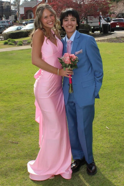 Pink Halter V-Neck Pleats Satin Mermaid Long Prom Dress With Ruffles  P2571