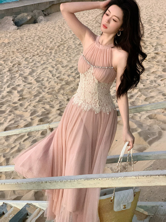 Pink Lace Halter Neck  Wedding Dress Elegant Vacation Dress  L115