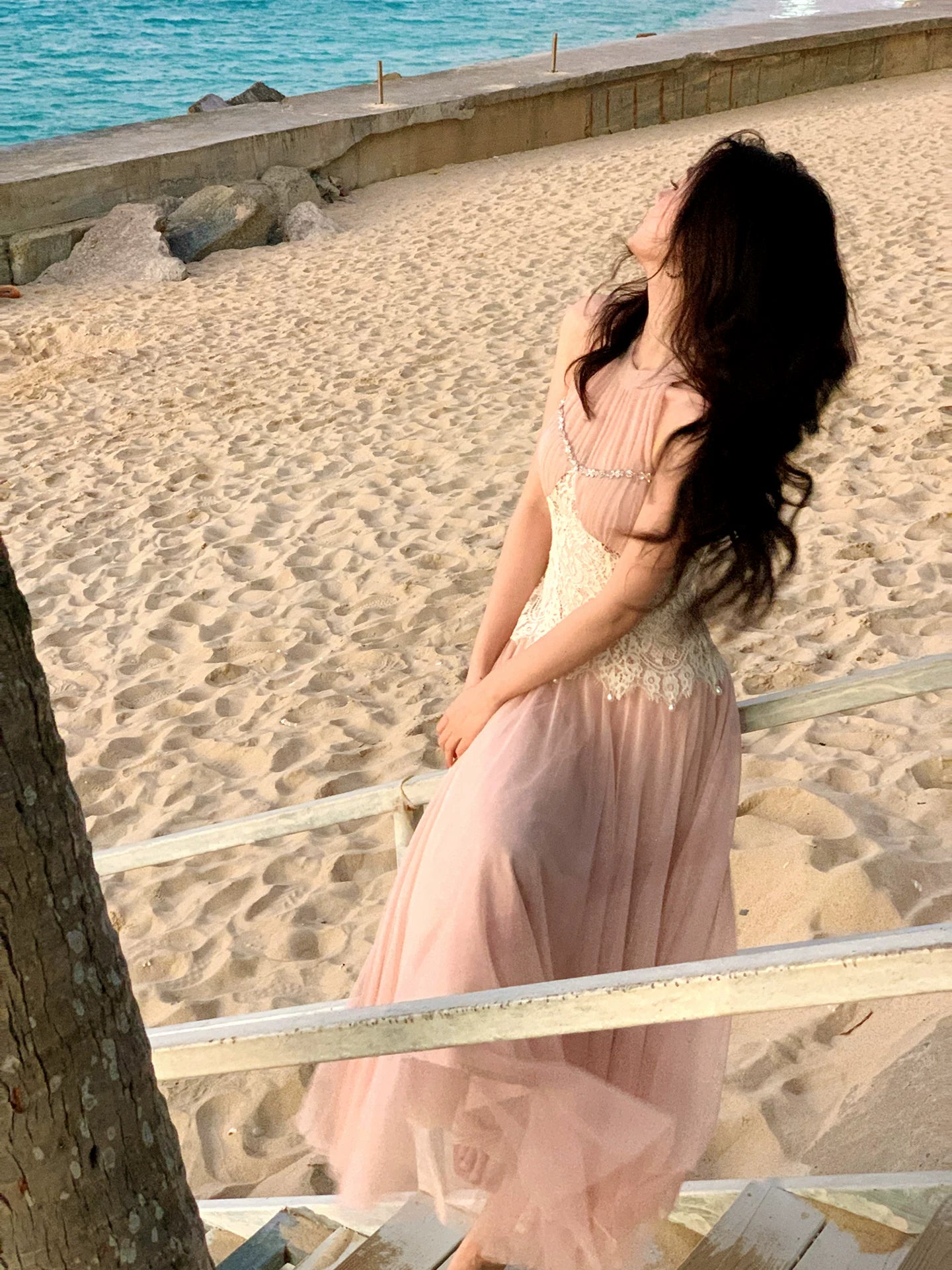 Pink Lace Halter Neck  Wedding Dress Elegant Vacation Dress  L115
