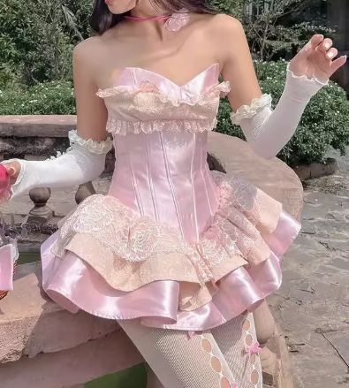 Pink Lace Princess Birthday Dress Sweetheart Homecoming Dress  P1084