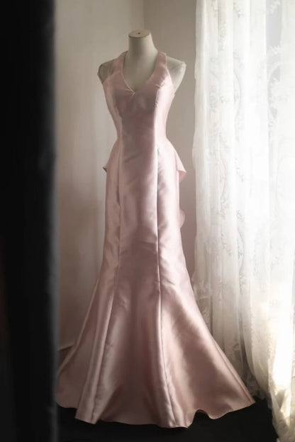 Pink Mermaid Satin Formal Prom Dress Ruffled Evening Gowns  P1912