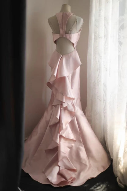Pink Mermaid Satin Formal Prom Dress Ruffled Evening Gowns  P1912