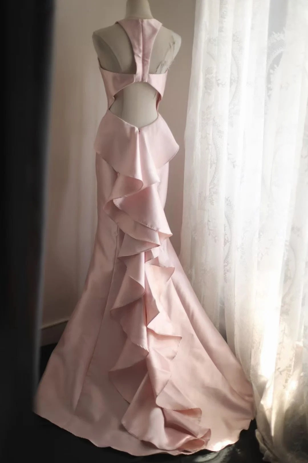 Pink Mermaid Satin Formal Prom Dress Ruffled Evening Gowns  P1912