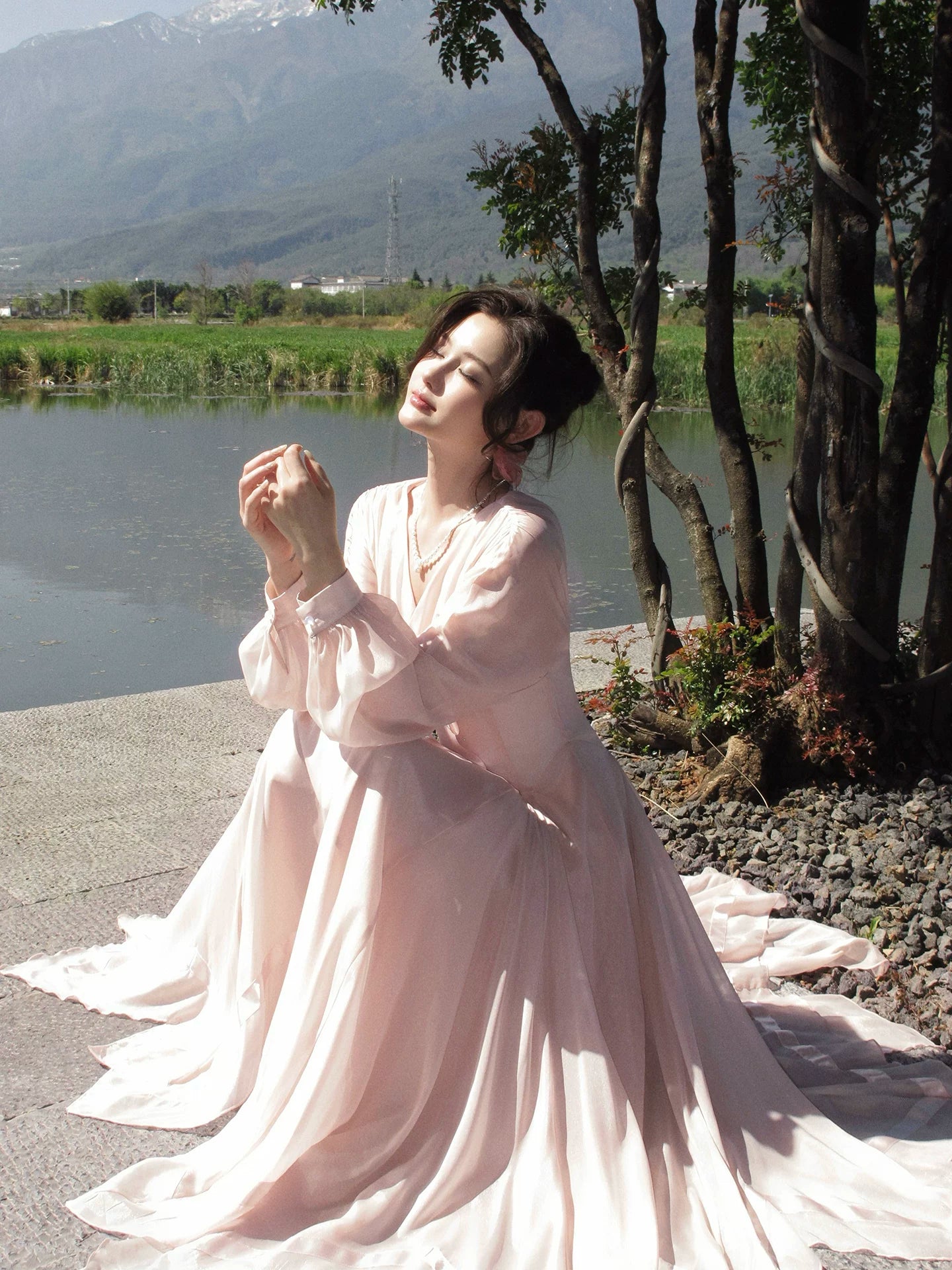 Pink Mesh Long-sleeved Dress Fairy Dress for Vacation  L103