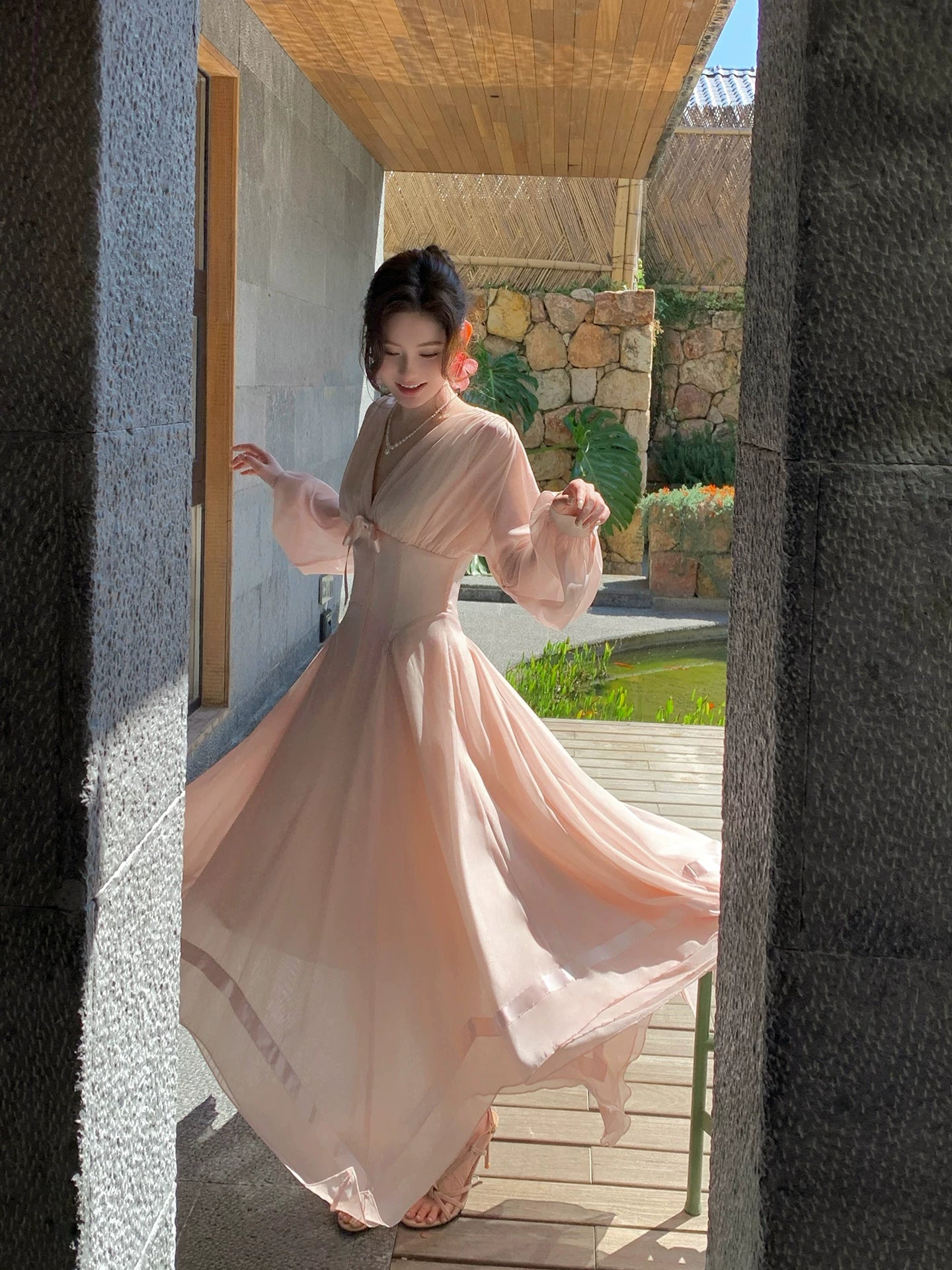 Pink Mesh Long-sleeved Dress Fairy Dress for Vacation  L103